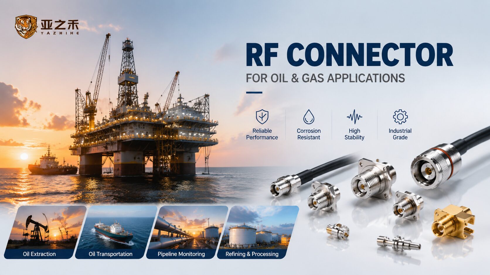 Industrial RF connectors for oil & gas offshore monitoring systems, high stability hardware